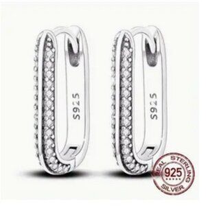 Sterling Silver 925 Medium Hoop Dangle CZ Pave Earrings